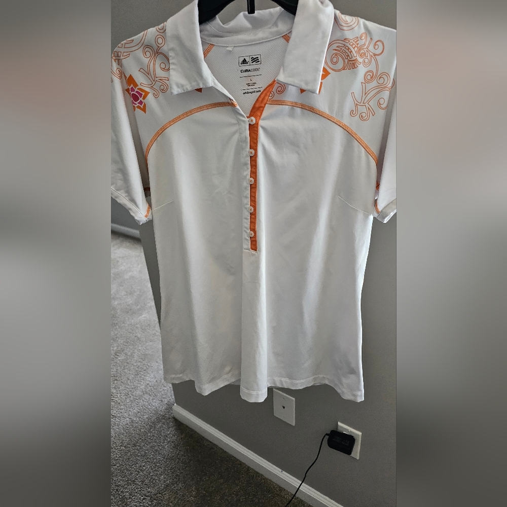 Adidas White and Orange Polo Golf Shirt